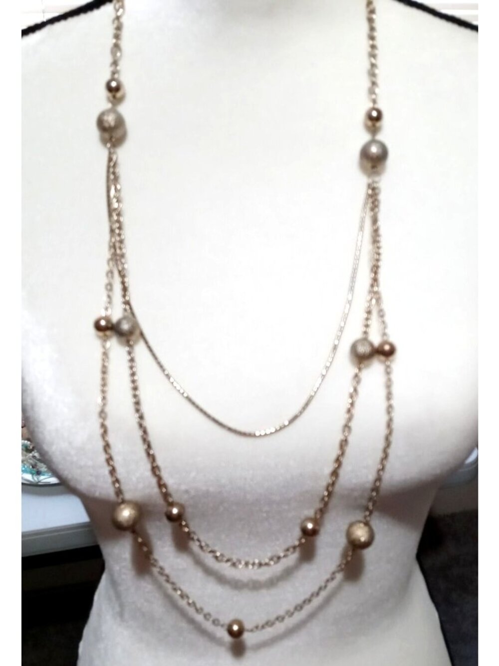 Long Tiered Metallic Bauble Necklace Multi Layered Chain Gold Silver Beads